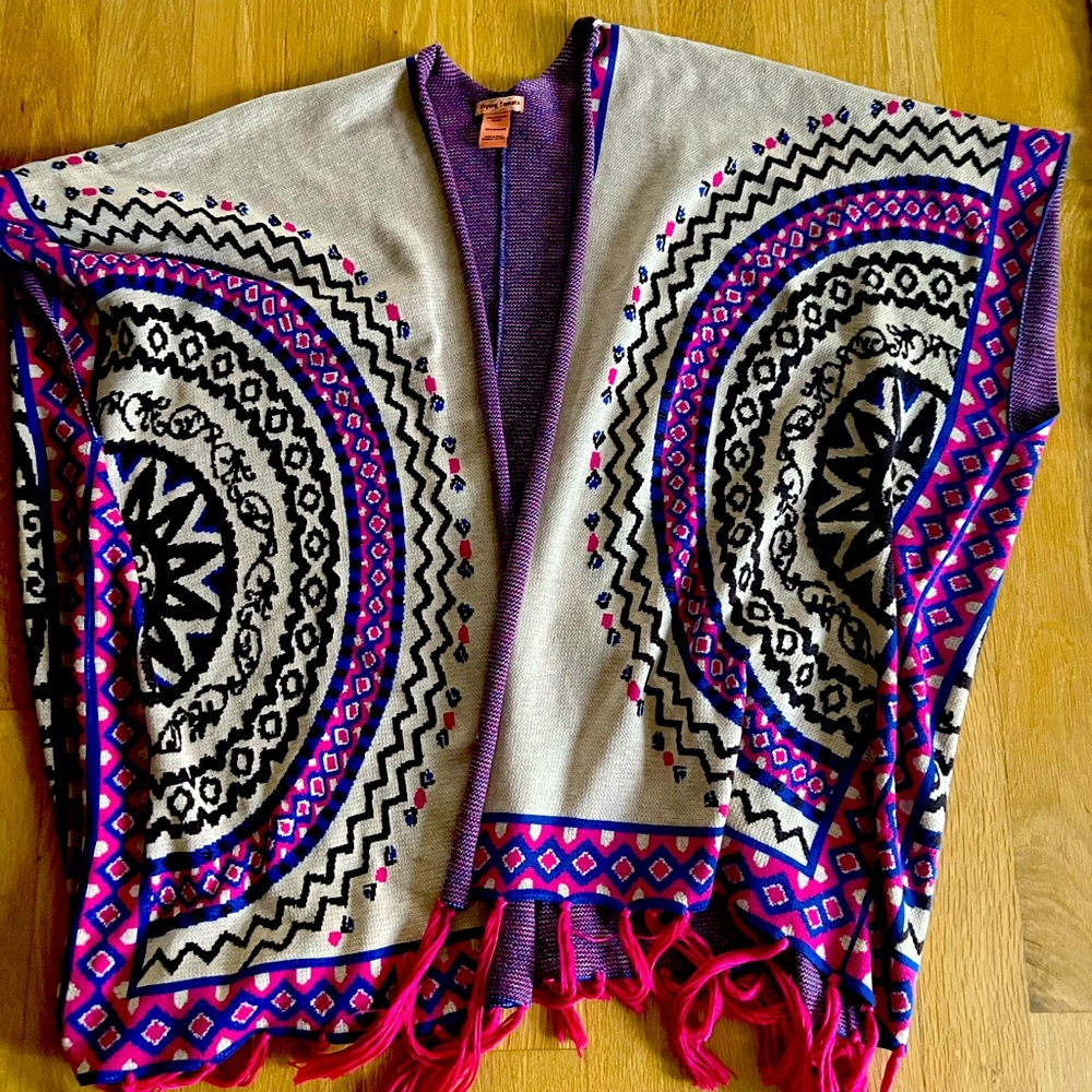 Flying Tomato Multicolor Patterned Tassel Poncho … - image 1